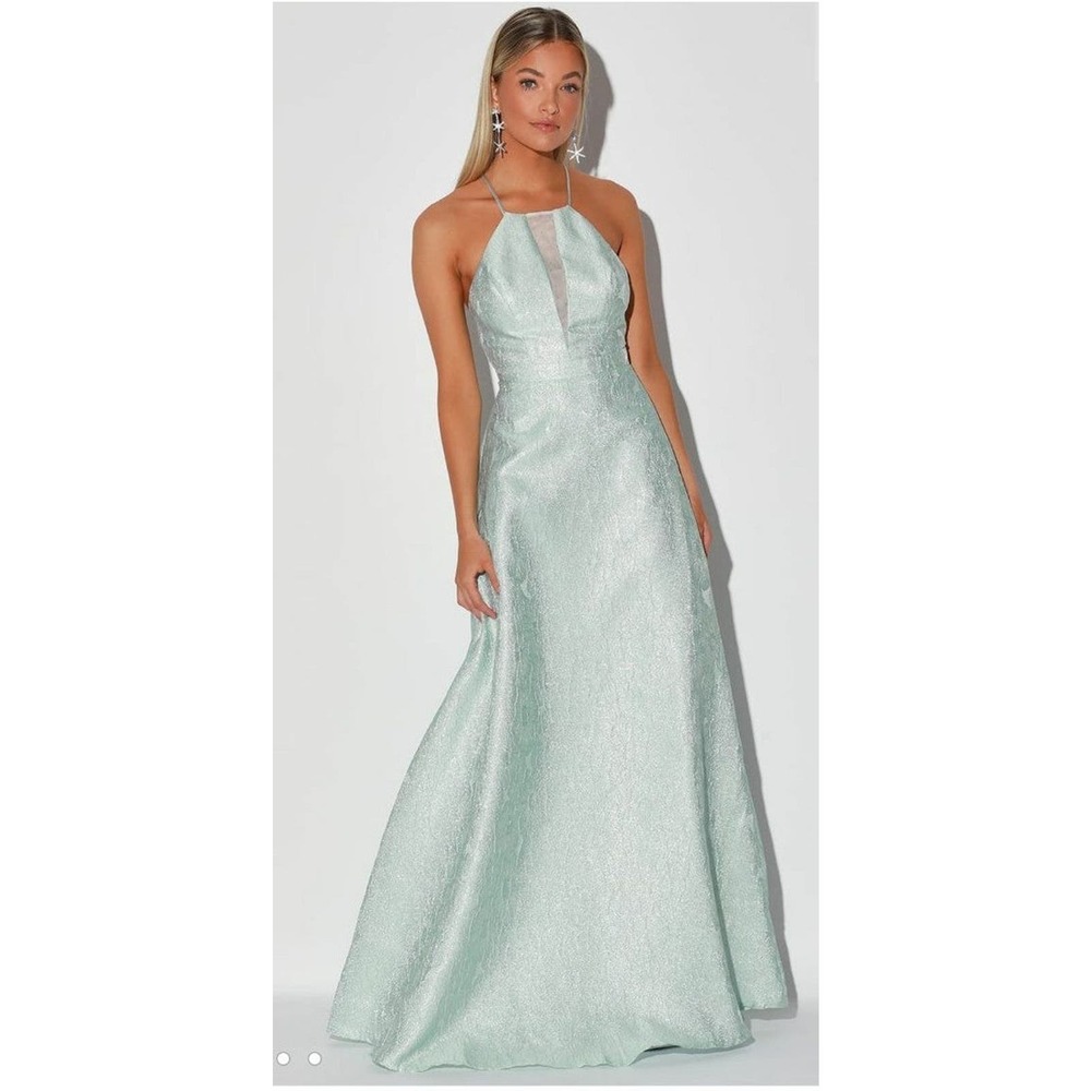 Lulus metallic blue open back maxi dress with halter neck size medium
